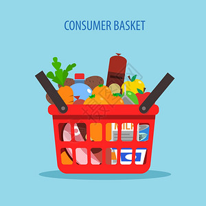 红色塑料购物篮充满食品平矢量插图购物篮平图片