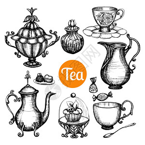 手绘复古茶具与茶壶杯蛋糕隔离矢量插图手绘复古茶具图片