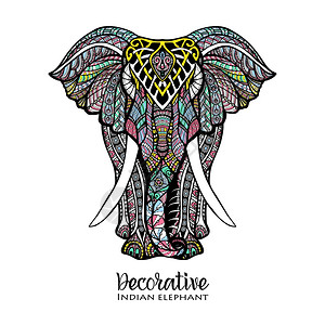 印度 手绘手绘正视图大象与彩色装饰矢量插图大象彩色插图插画