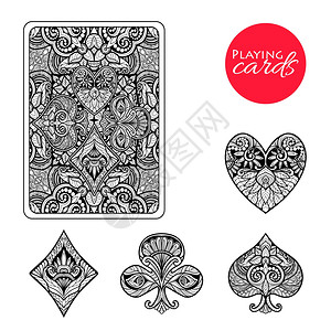 绘制卡装饰扑克牌套装与手绘装饰品隔离矢量插图装饰卡套装插画
