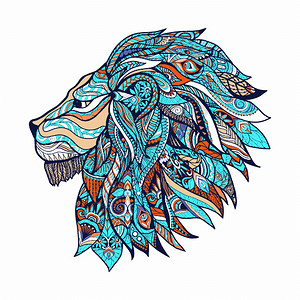 狮子头轮廓与装饰漩涡装饰彩色矢量插图狮子彩色插图背景图片