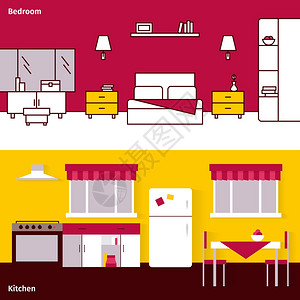 内部横幅内部水平横幅卧室厨房平隔离矢量插图图片
