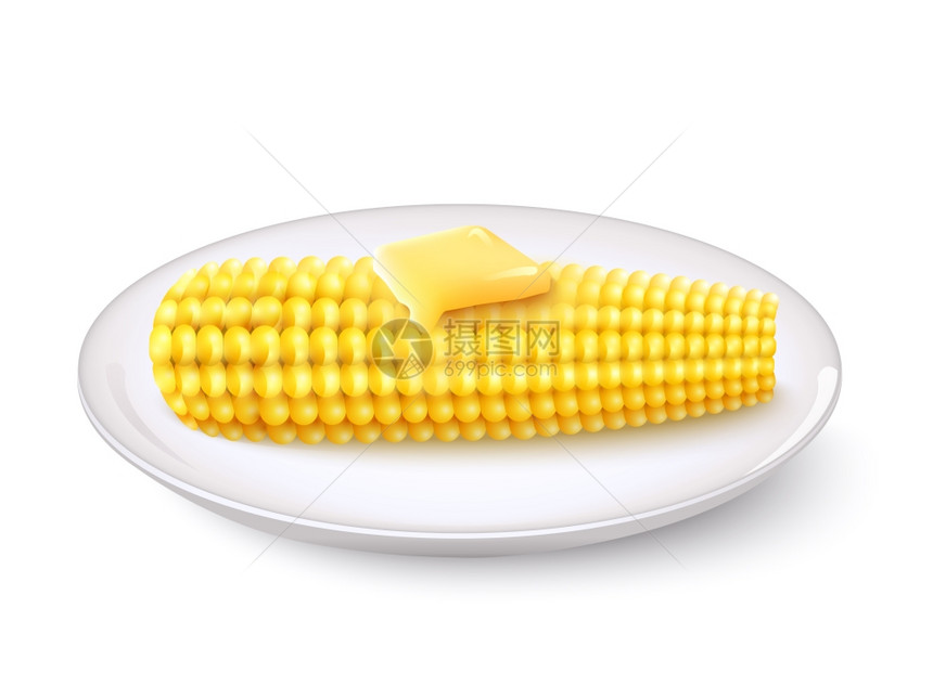 真实的玉米芯与黄油白色碟子矢量插图现实的玉米芯图片