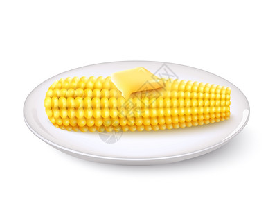 真实的玉米芯与黄油白色碟子矢量插图现实的玉米芯背景图片