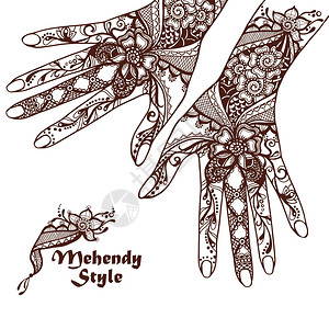 装饰手与传统的印度教安娜纹身素描矢量插图装饰手与指甲花纹身插画
