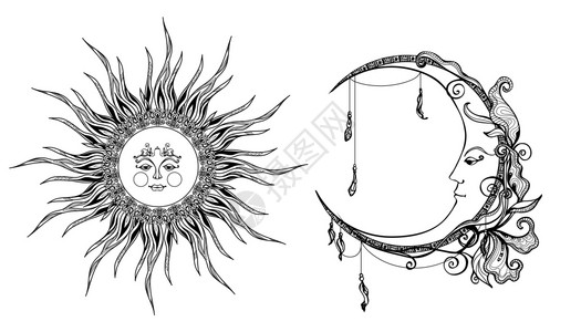 双桨装饰日月与反形手绘制孤立矢量插图装饰太阳月亮插画