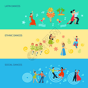 华尔兹舞蹈水平平舞风格横幅水平扁平风格的横幅与拉丁民族社会舞蹈矢量插图插画
