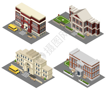 pci总线学校等距图标学校建筑等距图标场景总线长凳隔离矢量插图插画