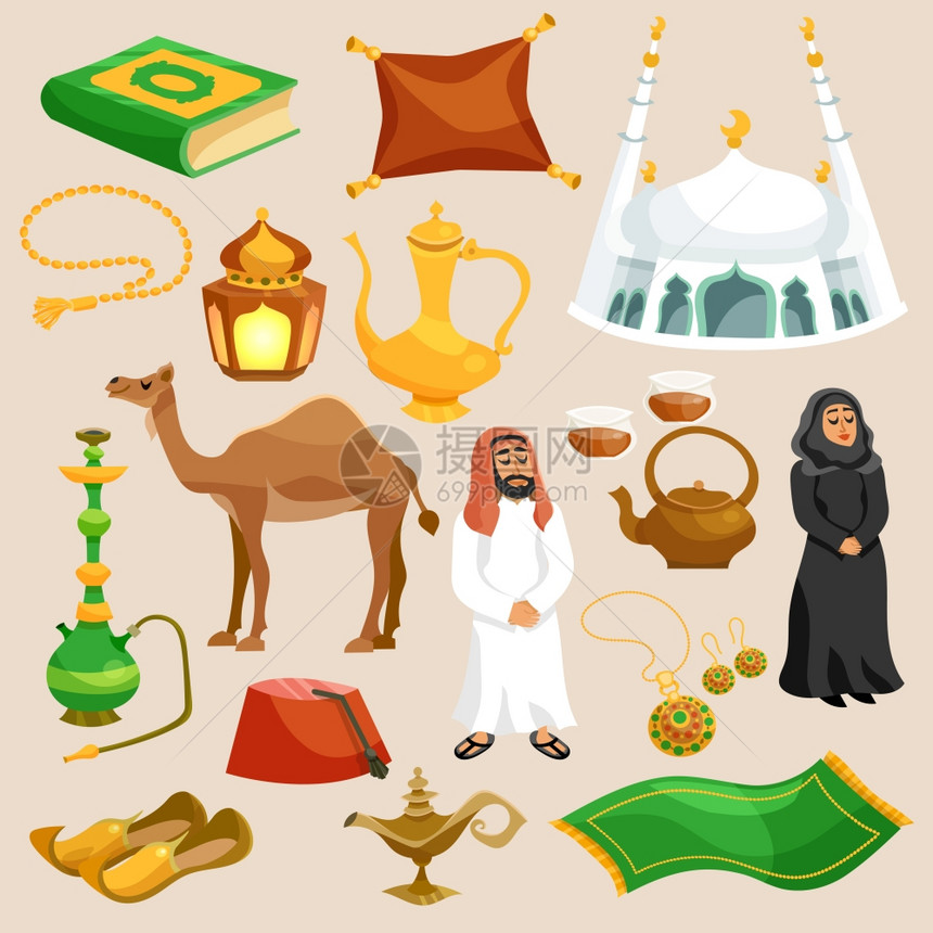阿拉伯东方文化装饰卡通图标矢量插图阿拉伯文化集图片