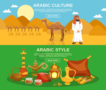 阿拉伯风格阿拉伯文化水平横幅食品饮料骆驼沙漠背景矢量插图阿拉伯文化插画