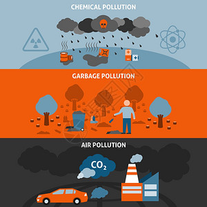 污染横幅污染水平横幅垃圾化学空气污染符号平隔离矢量插图图片