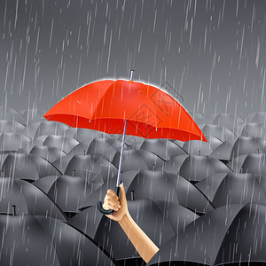 人的手着红色的雨伞,许多黑色的雨伞下,现实的矢量插图雨下的红色雨伞图片