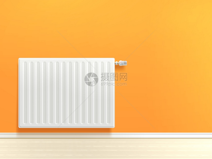 橙色房间墙壁矢量插图上的真实白色加热散热器墙上的散热器图片