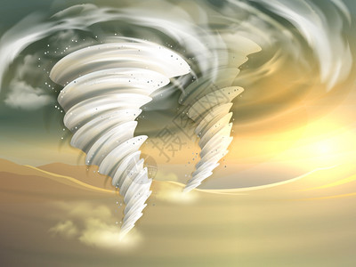 龙卷风拟人化两个真实的龙卷风漩涡与太阳云背景矢量插图龙卷风漩涡插图插画