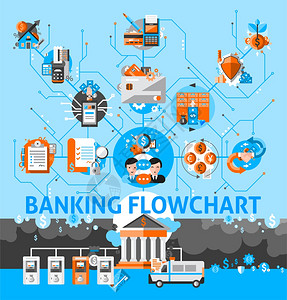数字7创意合成图银行系统流程图与平金融图标矢量插图银行系统流程图插画