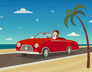 海边旅行旅行的海洋背景与妇女驾驶敞篷车卡通矢量插图背景图片