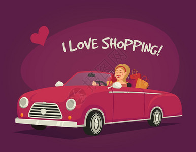 开车购物的女人紫色背景卡通矢量插图上驾驶敞篷车购物的女人图片
