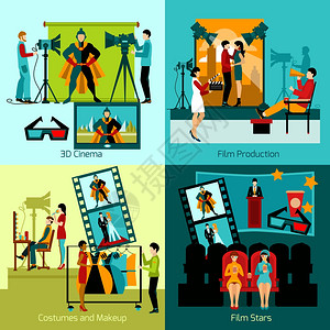 电影人集与电影制作平图标孤立矢量插图电影院的人设定背景图片
