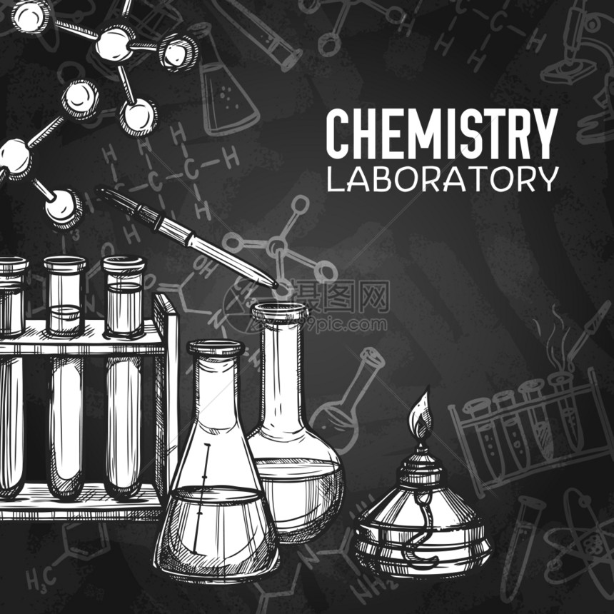化学实验室黑板背景单色粉笔绘制化学实验室设备黑板背景上的风格草图,标题矢量插图图片