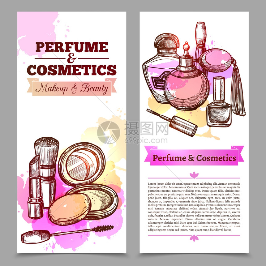 香水化妆品垂直横幅垂直横幅,如香水化妆品广告小册子与文字手绘元素矢量插图图片