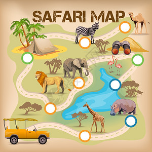 动物园地图狩猎海报的游戏游戏海报与狩猎非洲动物图标孤立矢量插图插画