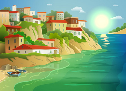 沿海山村生活丰富多彩的海报风景如画的海滨村庄村舍陡峭的岛屿海岸装饰海报与渔船抽象矢量插图背景图片