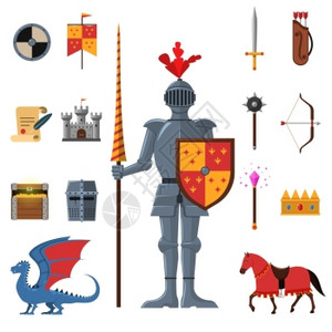 栉龙属中世纪王国骑士平图标中世纪王国传奇装甲骑士战士与兰斯属平图标抽象孤立矢量插图插画