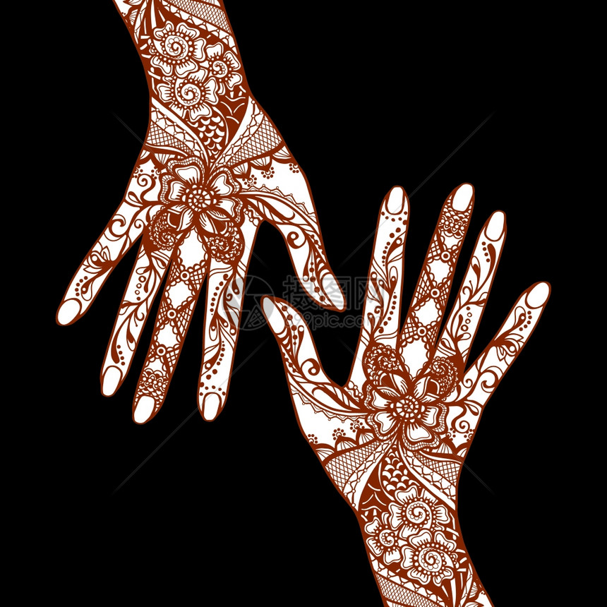 女的手覆盖着传统的印度梅亨迪安娜纹身装饰黑色背景矢量插图梅亨迪手黑色背景上图片