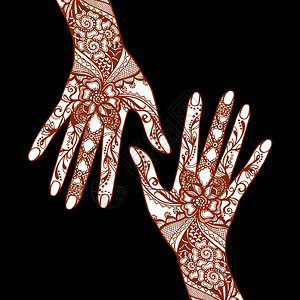 梅迪辛哈特女的手覆盖着传统的印度梅亨迪安娜纹身装饰黑色背景矢量插图梅亨迪手黑色背景上插画