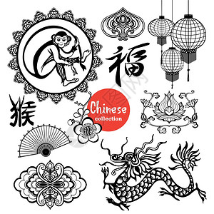 中国元素亚洲灯笼装饰风扇孤立矢量插图中国的元素图片
