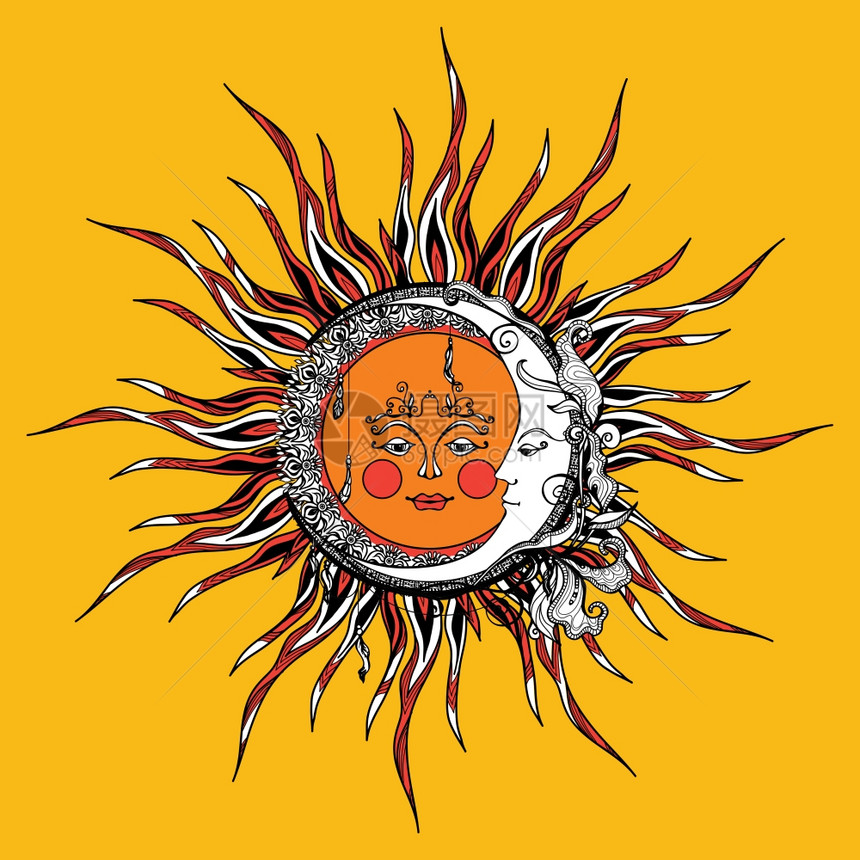 部落风格的太阳月亮与反形手绘矢量插图太阳月亮图片