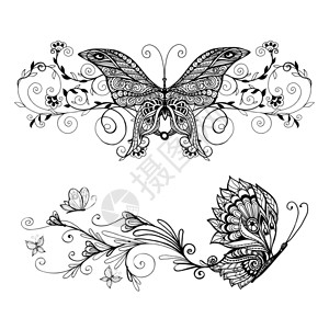 手臂纹身图案装饰单花卉装饰孤立矢量插图装饰蝴蝶套装插画