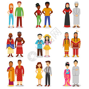 只有高加索种族全国夫妇图标夫妇图标与欧洲,亚洲非洲人平矢量插图插画