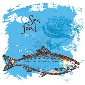 斑点鱼手绘海鲜矢量插图海海报背景菜单插画
