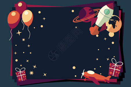 富氧空间背景气球,礼物,火箭船行星,矢量插图插画
