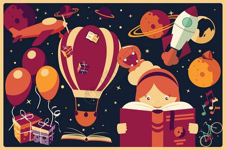 富氧空间背景与想象项目个女孩阅读本书,气球,火箭船,太空,行星,矢量插图插画