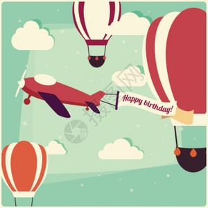 生日背景热气球飞机,矢量插图图片