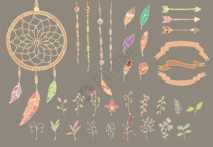 手绘美洲本土羽毛,捕梦器,珠子,箭头花,矢量插图图片
