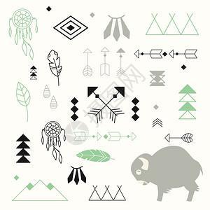 收集美洲土著符号与可爱的水牛梦想捕手,矢量插图图片