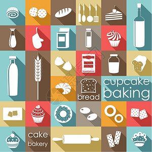 平烘焙套松饼,蛋糕,粉,包店矢量插图背景图片
