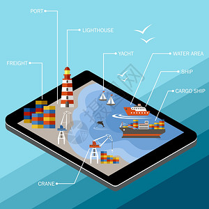 平板电脑屏幕上的海港港口的基础设施采用平的风格海运矢量插图背景图片