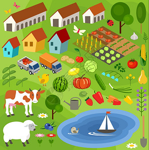 大套农村农民元素田野,动物,植物科目可以用于游戏矢量插图图片