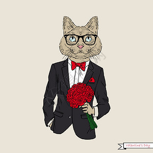 手绘插图猫男孩玫瑰,浪漫高清图片