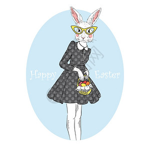 时尚动物插图,快乐复活节,毛茸茸的艺术,兔子时髦女孩图片