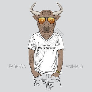 拟人化穿着t恤的公牛的时尚插图图片