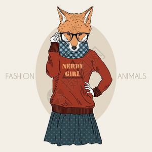 城市狐狸时尚动物插图,毛茸茸的艺术,狐狸呆子女孩插画