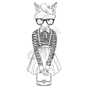 拟人化时尚插图的狐狸女孩打扮成法国复古风格图片