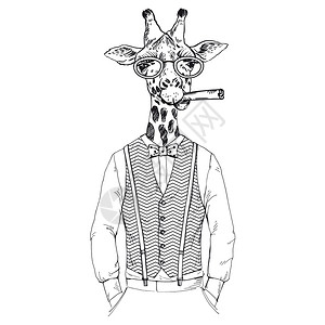 拟人化长颈鹿穿着复古风格的时尚插图图片