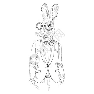 穿西装的兔子时尚动物插图,毛茸茸的艺术,兔子男孩嬉皮士插画