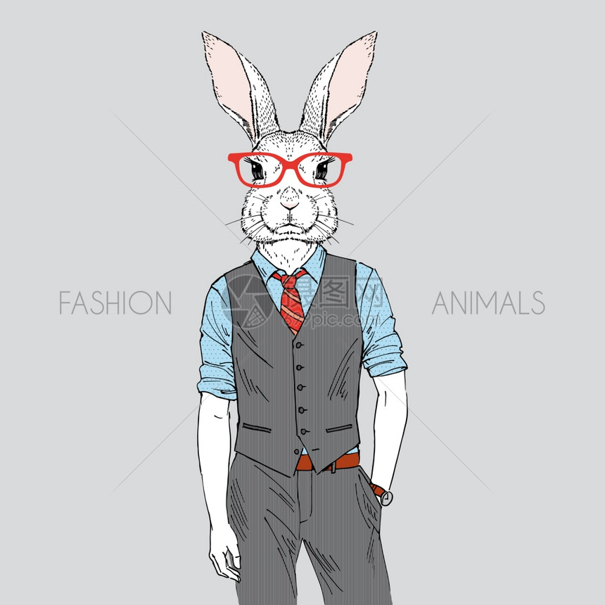拟人化手绘兔子装扮成办公室风格的插图图片